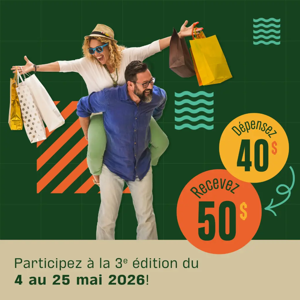 Couple joyeux faisant du shopping promotion 40$ 50$